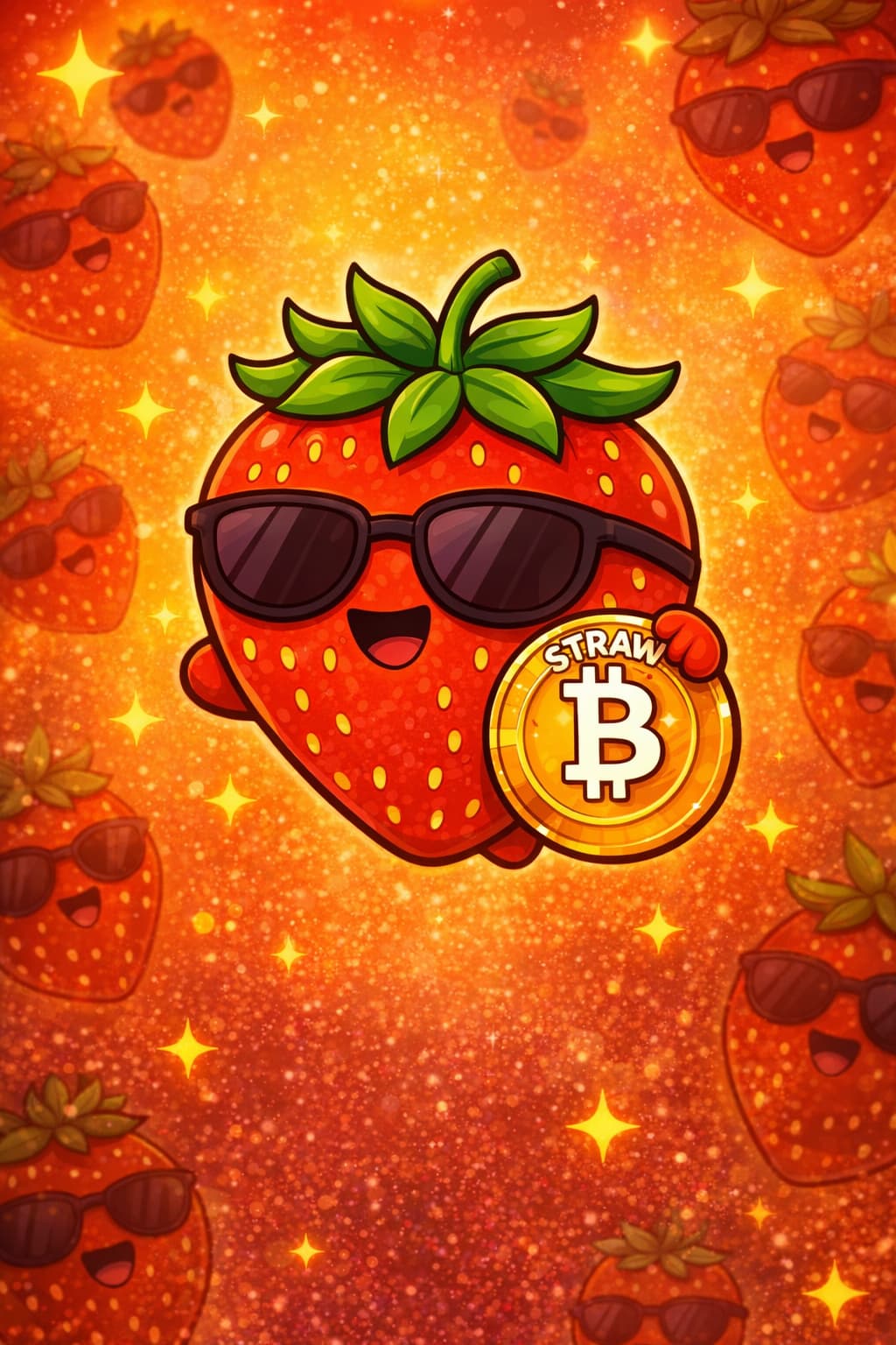 Happy STRAW strawberry mascot holding a gold coin with sparkles